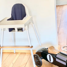 Load image into Gallery viewer, Ikea Antilop Barnstol med vita stolbens klistermärken, fotstöd i ek och mörk blå kuddfodral 
